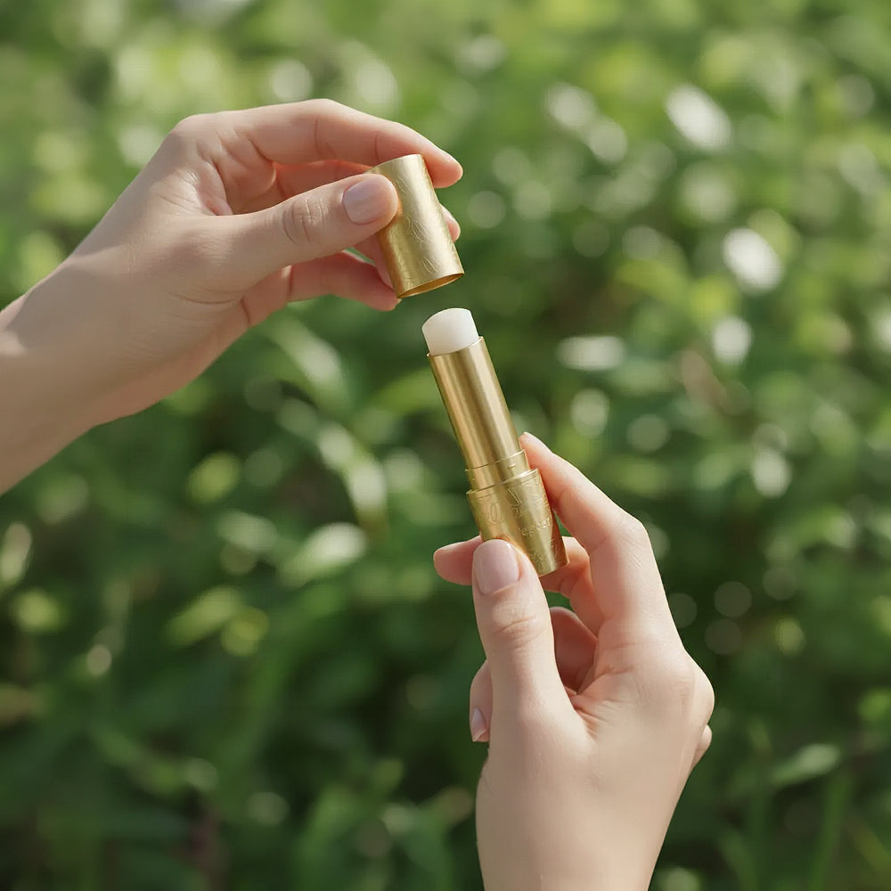 Portable | The image shows a person holding the lip balm, highlighting its ease of use on the go.